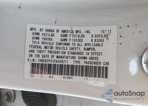 2014 Honda Accord Ex-L z USA, uszkodzony, nr VIN 1HGCR2F81EA046211